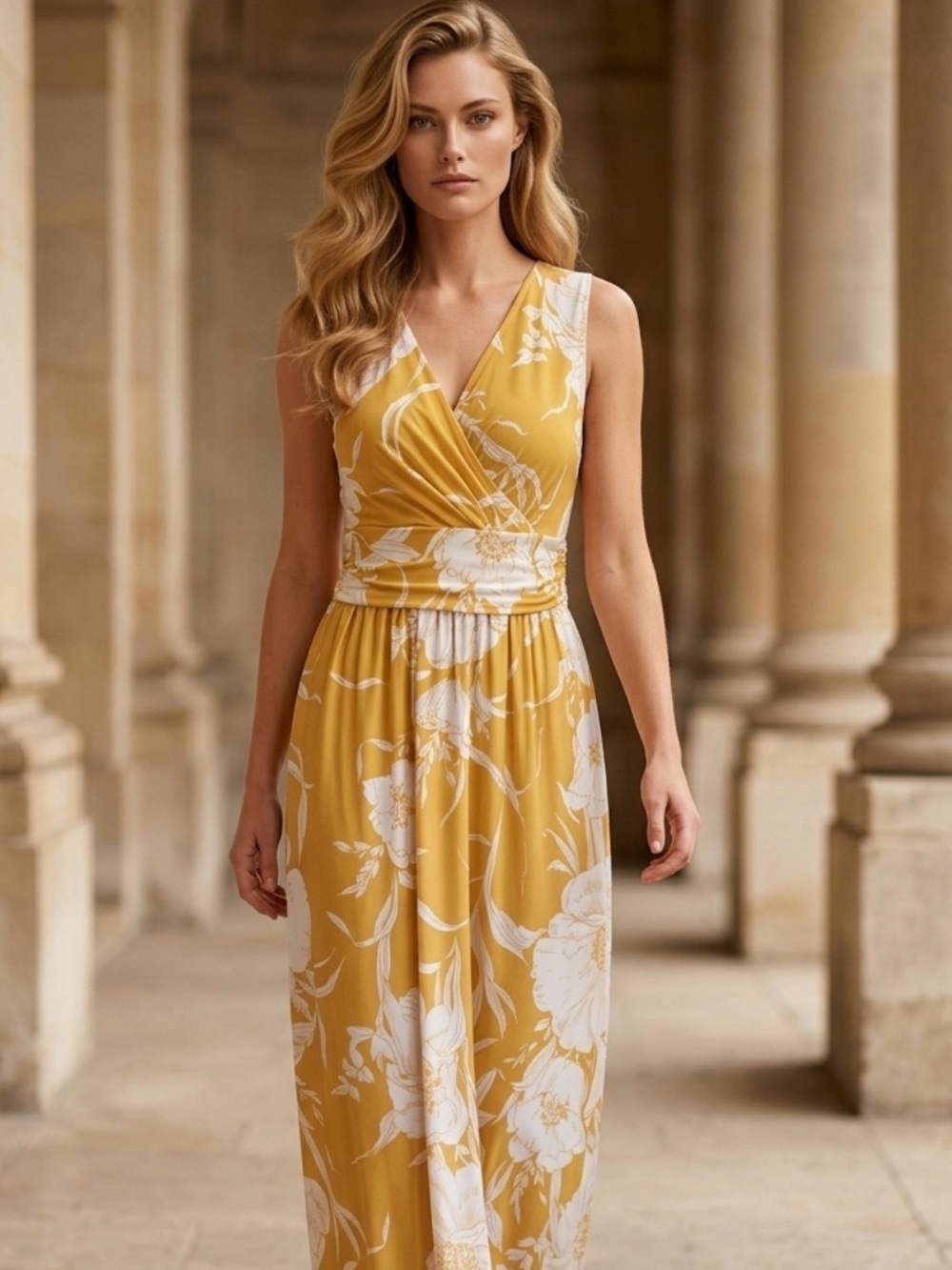 2 for $30 | Yellow Gold and White Floral Wrap Midi Dress